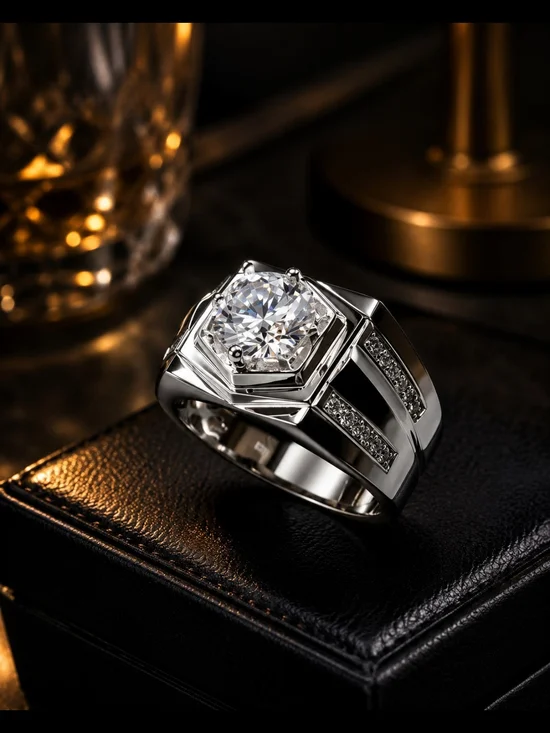 Men's Silver Tone Hexagon CZ Statement Ring Size 8 Iced Cubic Zirconia