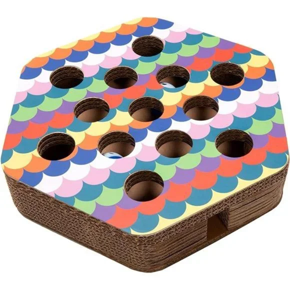 Hexagon Corrugated Cat Scratcher Busy Box Toy w/ Catnip - Rainbow Scales