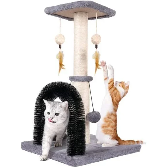 Cat Scratching Post with Self Groomer and Dangling Balls, Grey