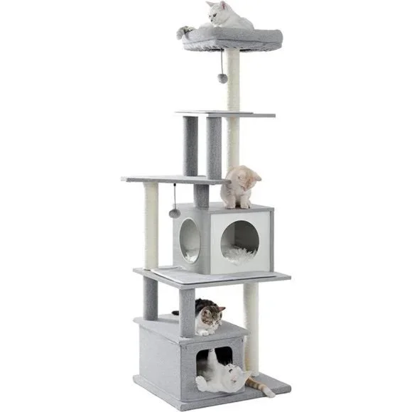 Modern Cat Tower, Wood Cat Tree with Scratch Post and Top Perch Bed, 20 Lbs