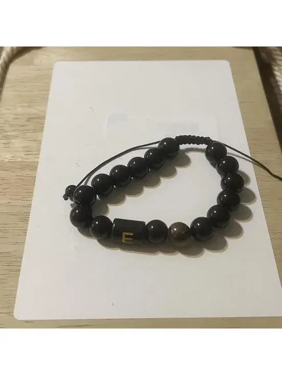 B-90 Men's Black and Brown Personalized Beaded Initial Bracelet E