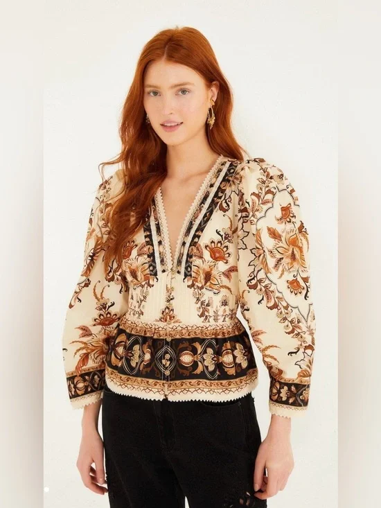 FARM Rio Sand Majestic Garden Lace Puff Sleeve Blouse