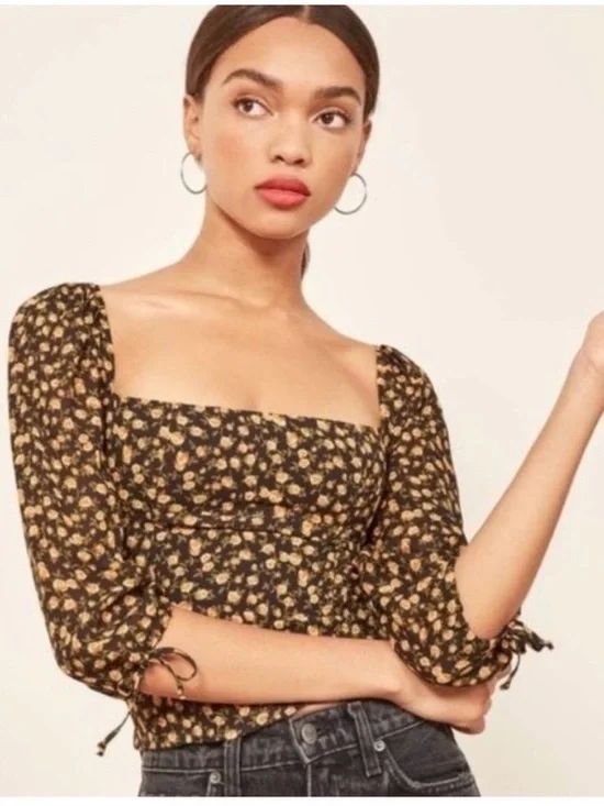 Reformation Floral Square-Neck Puff Sleeve Top - Black/Yellow