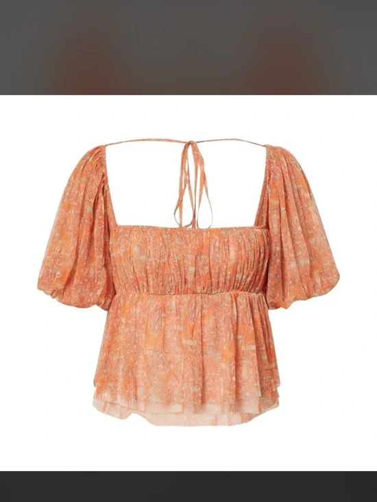 Orange Floral Puff-Sleeve Peasant Top