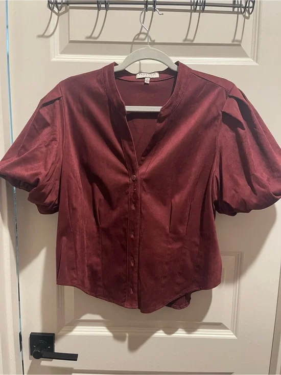 Banana Republic Maroon Satin Puff-Sleeve Blouse