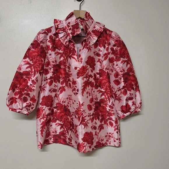 Tuckernuck XS Pink Red Floral Ruffle Collar Puff Sleeve Blouse Top Shiny Satin