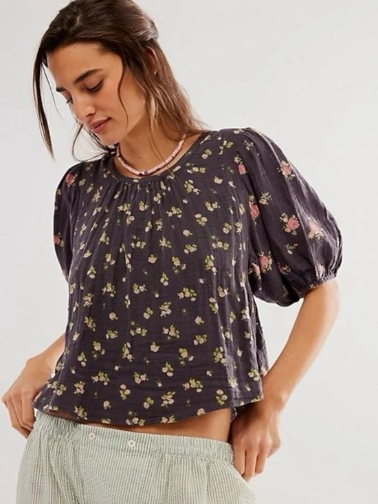Free People Chloe Printed Top Washed Black Floral Large NWT Cottage Bow Gauze