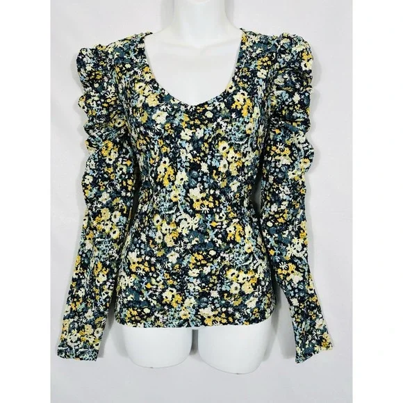 Loft‎ Womens Micro Floral Puff Sleeve Top Size M Cottagecore Boho Prairie Spring
