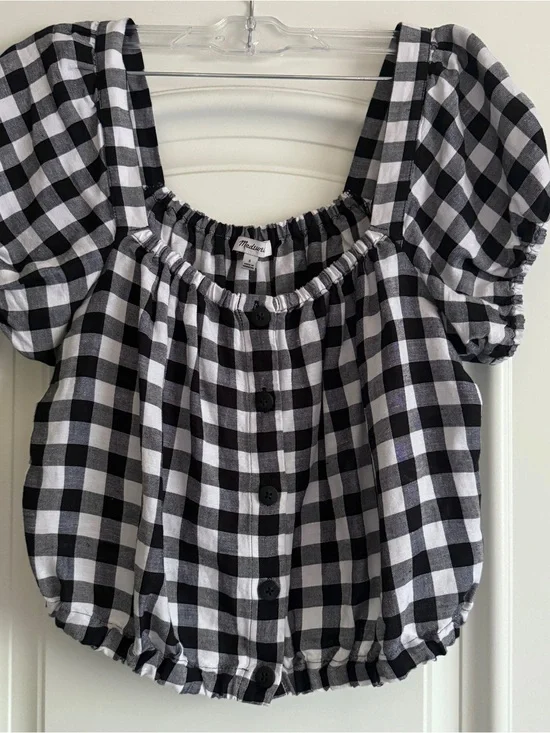 Madewell Black & White Gingham Puff-Sleeve Button-Front Top