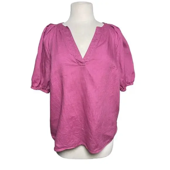BODEN Women’s Linen Puff Sleeve Split Neck Popover Orchid Blouse