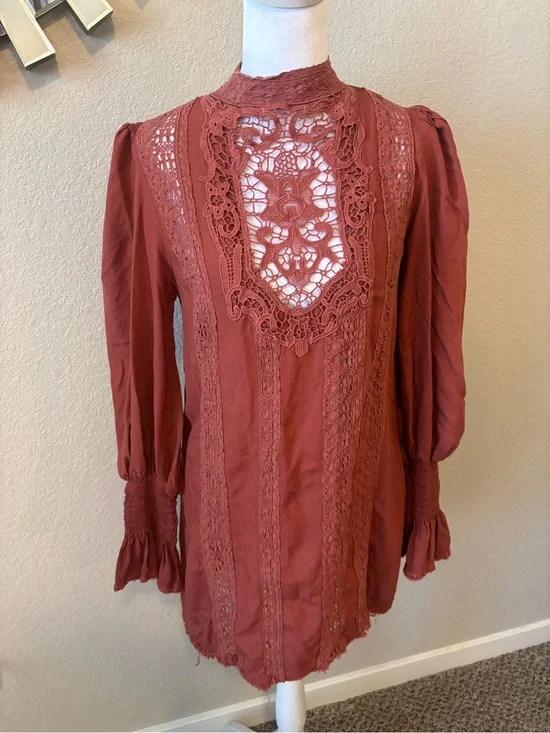 Free People Dusty Rust Lace Inset Victorian Blouse