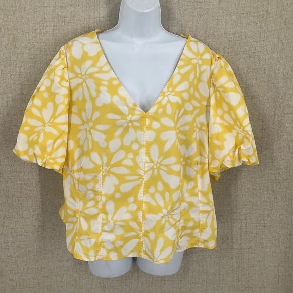 Banana Republic Blouse Sz 20 Yellow Cotton Floral Puff Sleeve Boho Bold Sunny