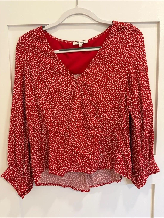 Madewell Red Floral Print Faux Wrap Button Front Blouse Balloon Sleeve Size M