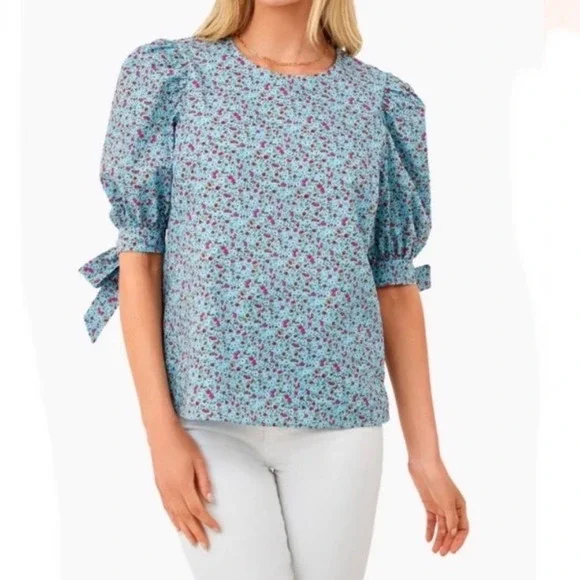 Tuckernuck Hyacinth House Fiona Top Blue Ditsy Floral Puff Sleeve Bow - Small