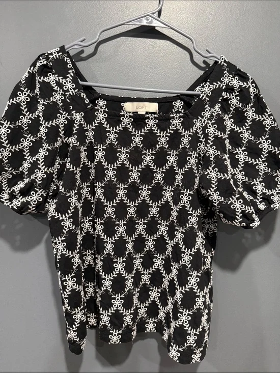 LOFT Black Top with White Floral Lattice Embroidery and Puff Sleeves