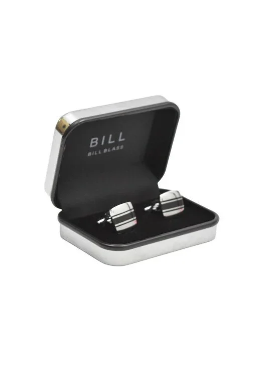 Bill Blass Cufflinks Silver Tone Rectangular With Black Strips in Case