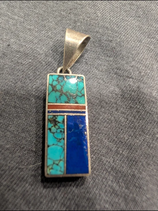 Turquoise and Blue Lapis Inlay Rectangular Men's Pendant - Native Made