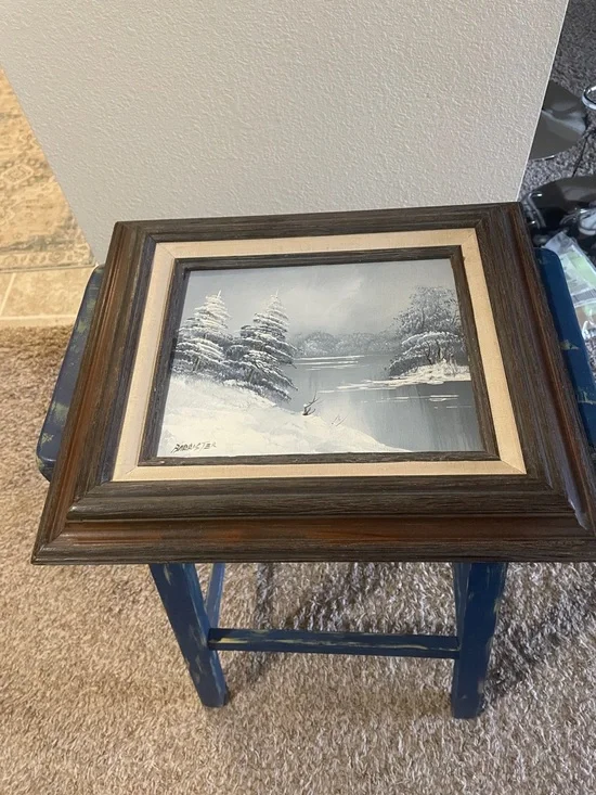 antique Framed Winter Landscape Painting in Wooden Frame - Blue, White, Brown