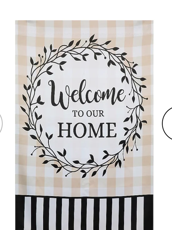 Welcome to Our Home Decorative House Flag - Neutral Plaid & Black
