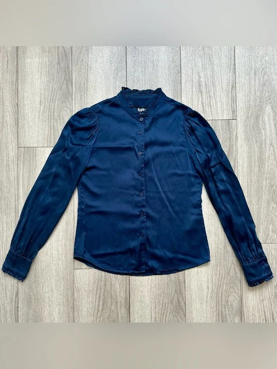 Reformation Navy Blue Silk Ruffle Mock Neck Blouse Puff Sleeve Top XS