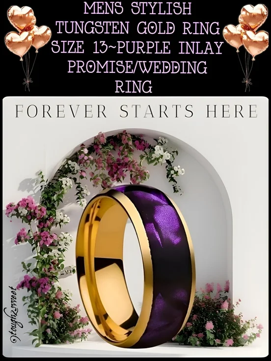 🆕️MENS STYLISH TUNGSTEN GOLD RING SIZE 13~PURPLE INLAY PROMISE/WEDDING RING (M)