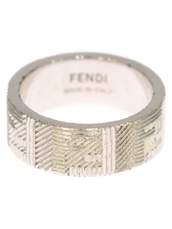 Fendi FF Logo Zucca Pattern Ring Silver