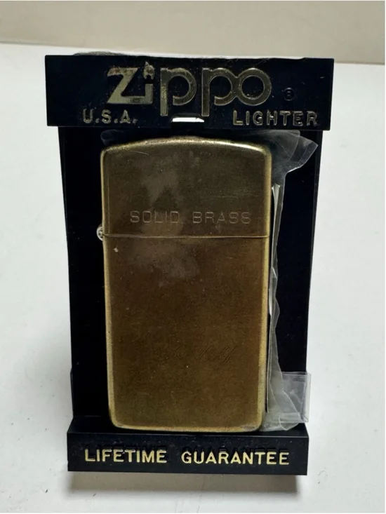 1991 Zippo Slim Solid Brass Lighter 1932-1991 w/ Case & Papers