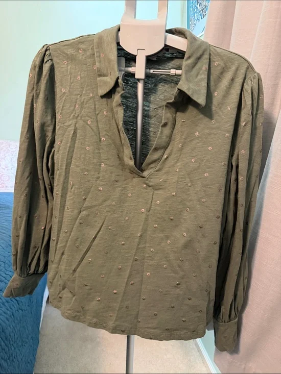 Boden Olive Embroidered V-Neck Popover Blouse
