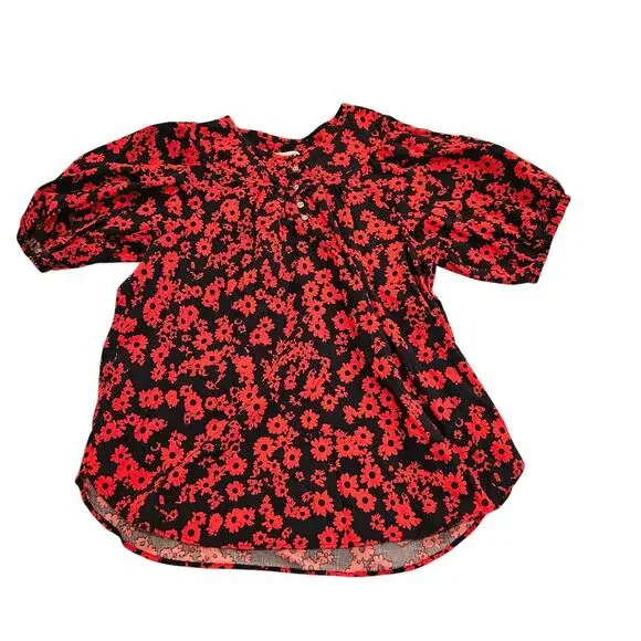 LOFT Navy Red Floral Puff Sleeve Blouse Women’s Small Peasant Boho Top