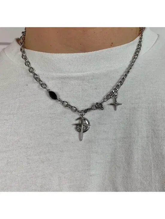 Y2k 2000s punk grunge crystal cross and opal pendant necklace chain. 20 inches t