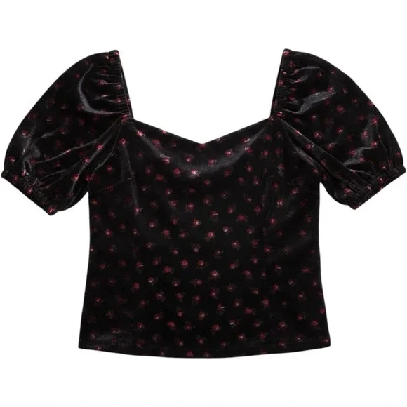 Loft Velvet Floral Sweetheart Puff Sleeve Blouse Black Red Rose Top NEW