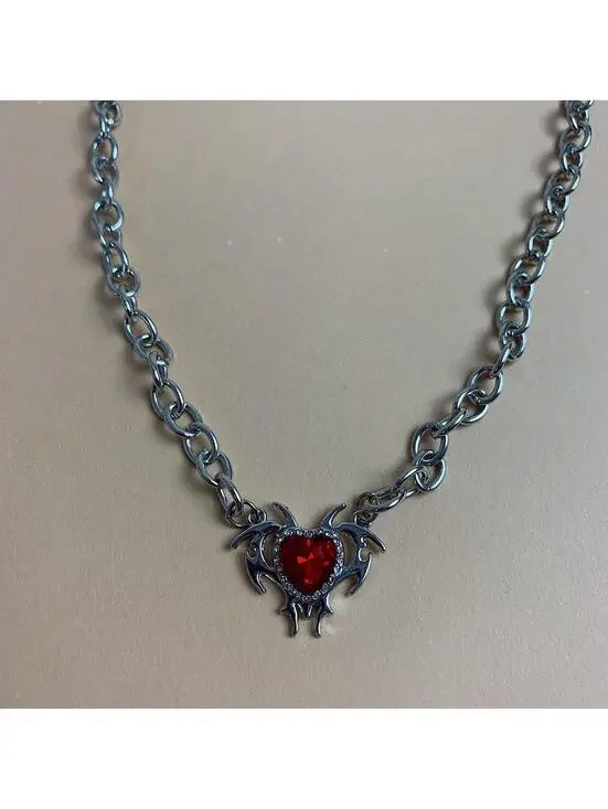 Red heart shaped opal love pendant thick chain y2k 2000s opium style necklace ch
