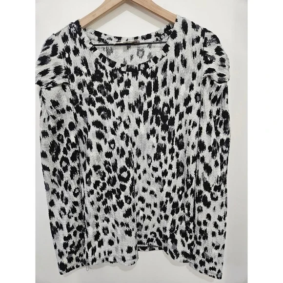 Loft‎ Womens Medium Animal Print Puff Shoulder Long Sleeve Knit Top Black White