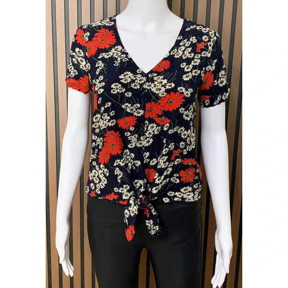 Madewell Women's XS Navy Blue Red Floral Tie V-Neck Short Sleeve Blouse Top