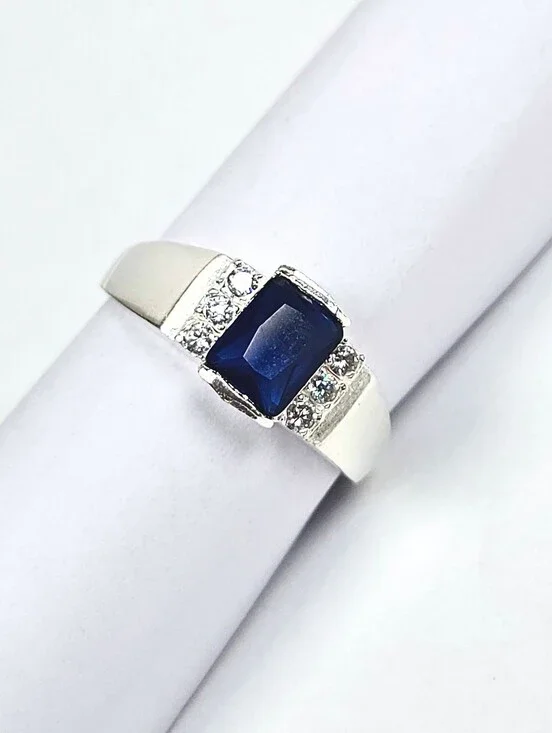 Men's Rectangular Blue CZ Ring 925 Sterling Silver Statement Ring Size 11