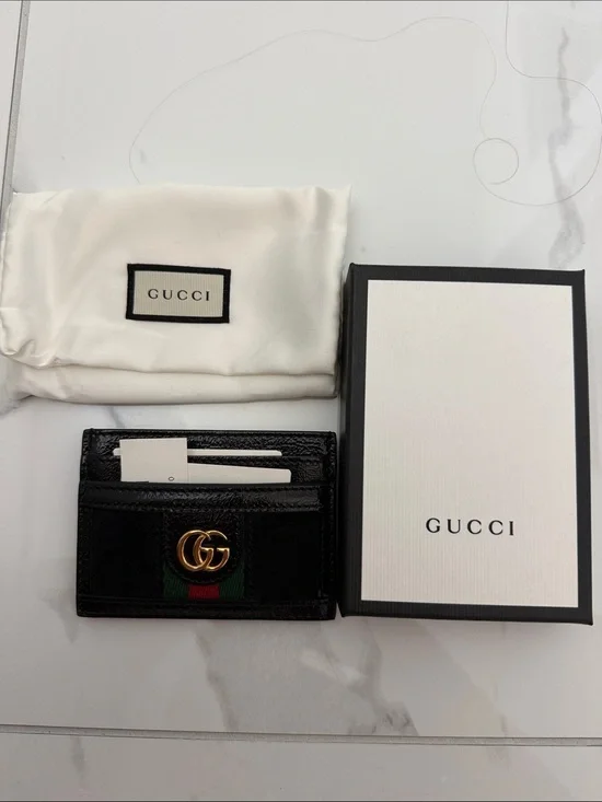 Gucci Black Leather Card Holder with Green-Red Web and Gold GG NWT