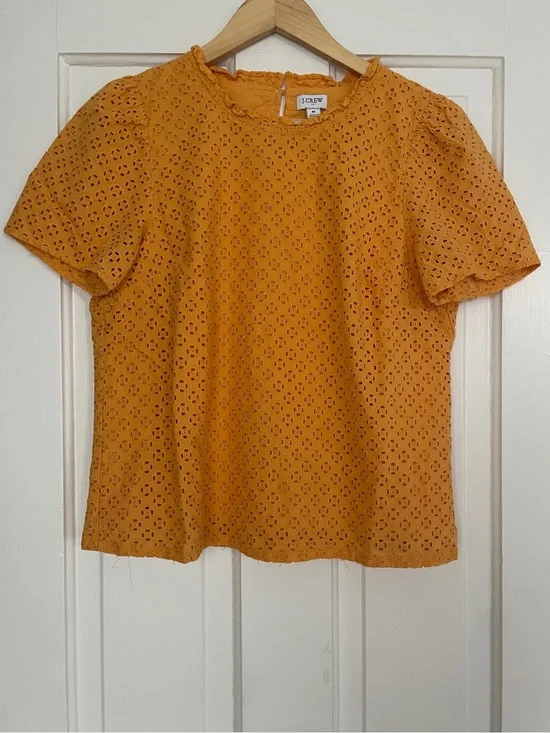 J.Crew Eyelet Puff-Sleeve Top Blouse Marigold Orange / Saffron Yellow Size M