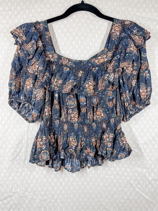 Ulla Johnson Blue Brown Floral Tiered Puff Sleeve Top