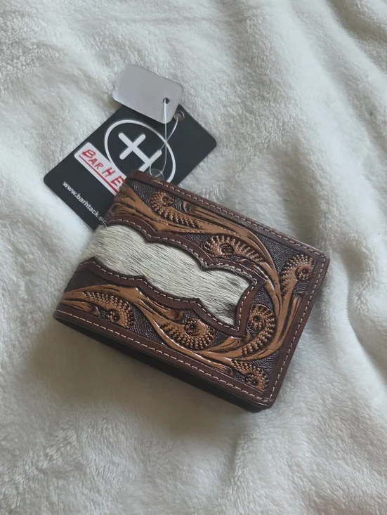 Brown Tooled Leather & Hair-on Hide Bi-Fold Wallet