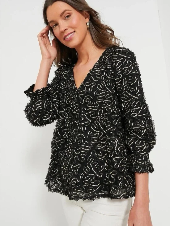 Tuckernuck Black Gold Textured Peplum Blouse Puff Sleeve Top NWT Large