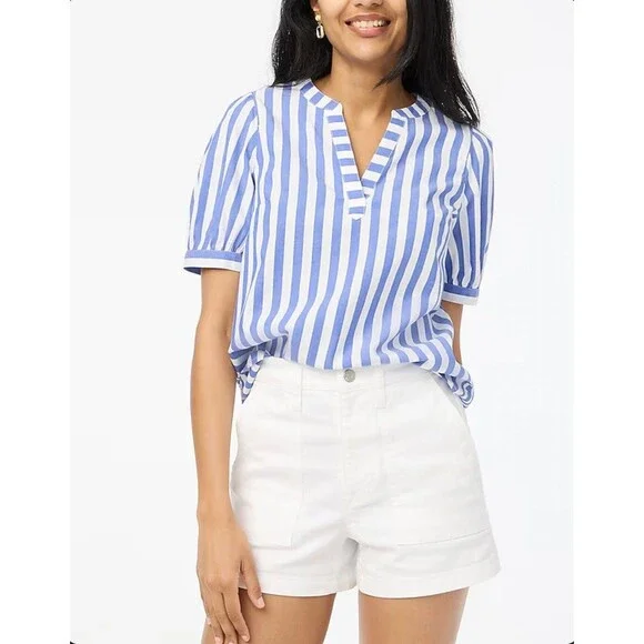J.CREW Poplin Striped Short-Sleeve Top XXS Blue White Puff Sleeve NWT B30