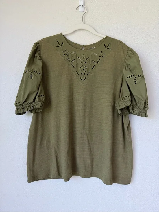 LOFT Olive Green Eyelet Puff Sleeve Cotton Blouse XL Cottagecore