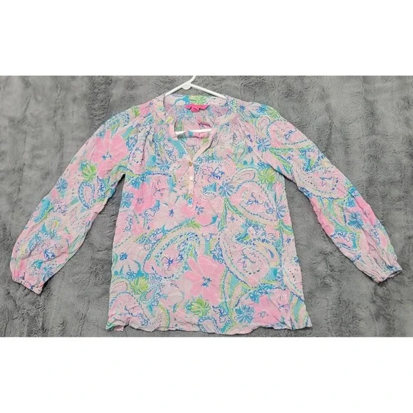 Lilly Pulitzer Blouse Womens XS Elsa Silk Floral Paisley Sheer Tunic Top Boho