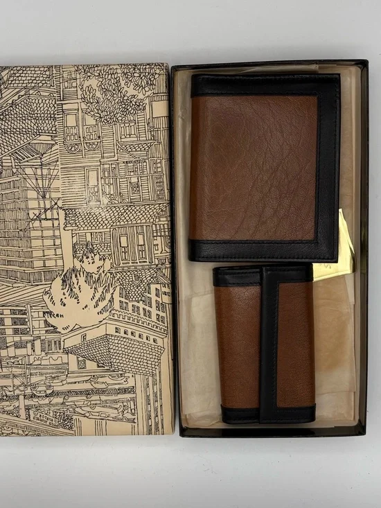 Vtg Don Loper Men’s  Brown Leather Wallet & Key Holder Gift Set USA 1960s Retro