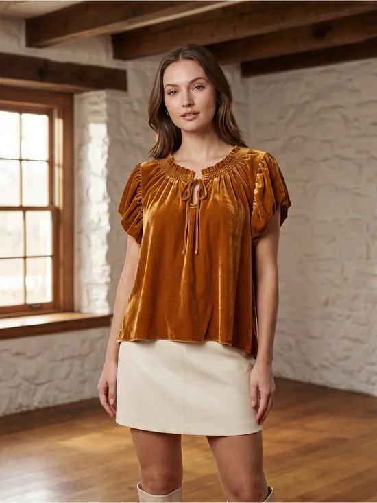 Free People Velvet Tie-Neck Puff Sleeve Top - Rust