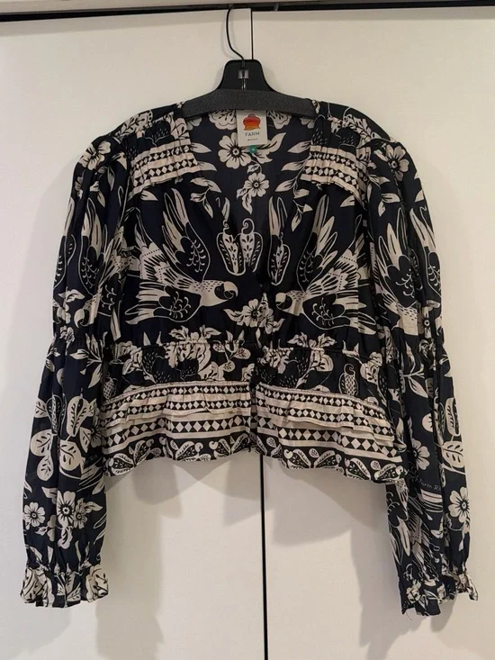 FARM Rio Black and Cream Printed Puff-Sleeve Cropped Blouse