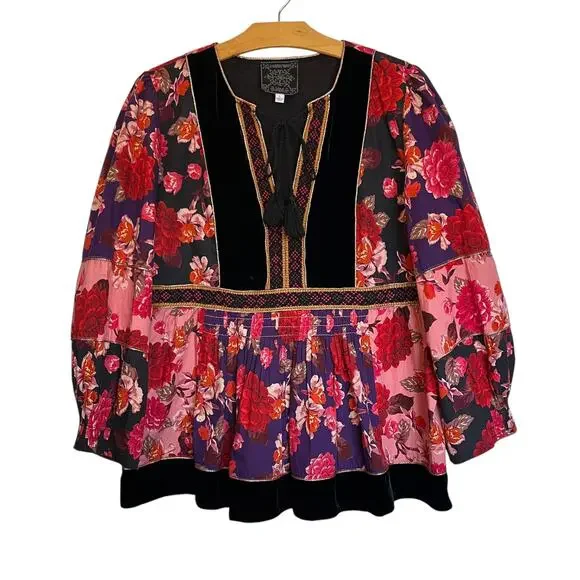 Johnny Was Jade Kimmy Smocked Floral-Print Peasant Top Embroidered Velvet Trim L