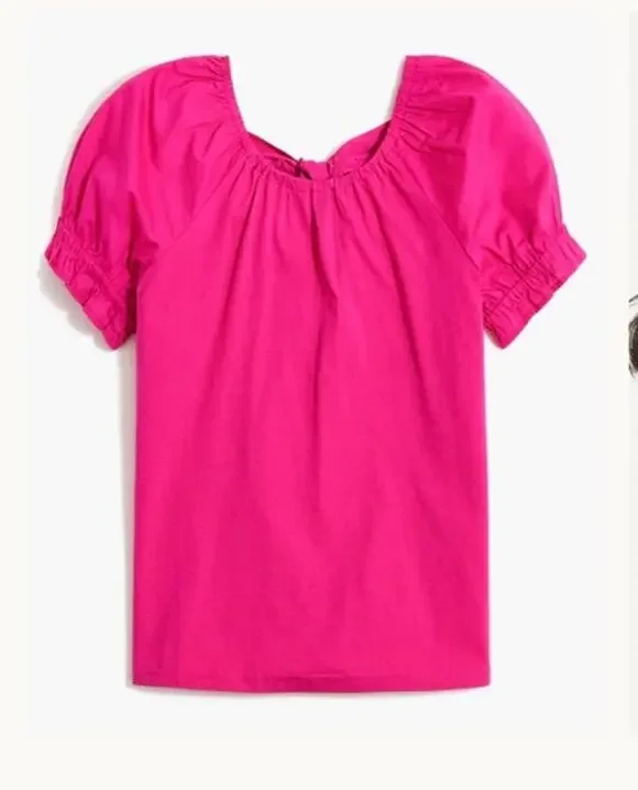 J Crew Tie Back Poplin Top Medium Fuchsia 100% Cotton Puff Sleeve Preppy Relaxed