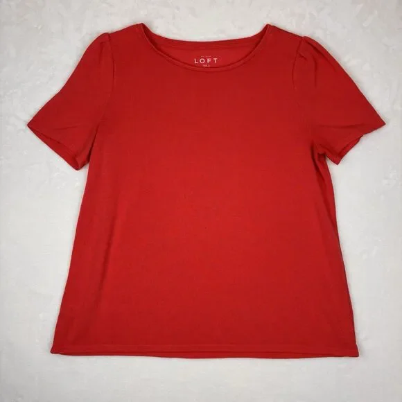 LOFT Puff Sleeve Shirt Women’s Large Coral Short Sleeve Round Neck Lightweight
