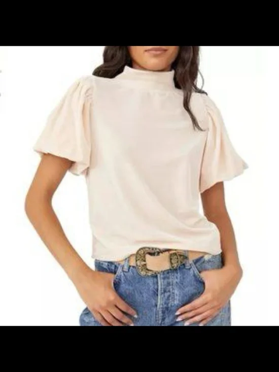 Free People Claudia Pale Blush Puff Sleeve Mock Neck Velvet Top Size S